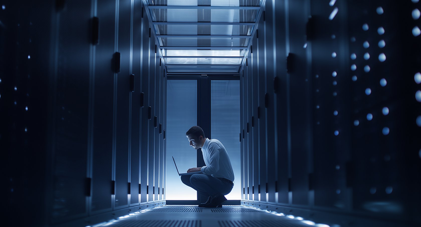 인물이 서버를 점검하는 이미지