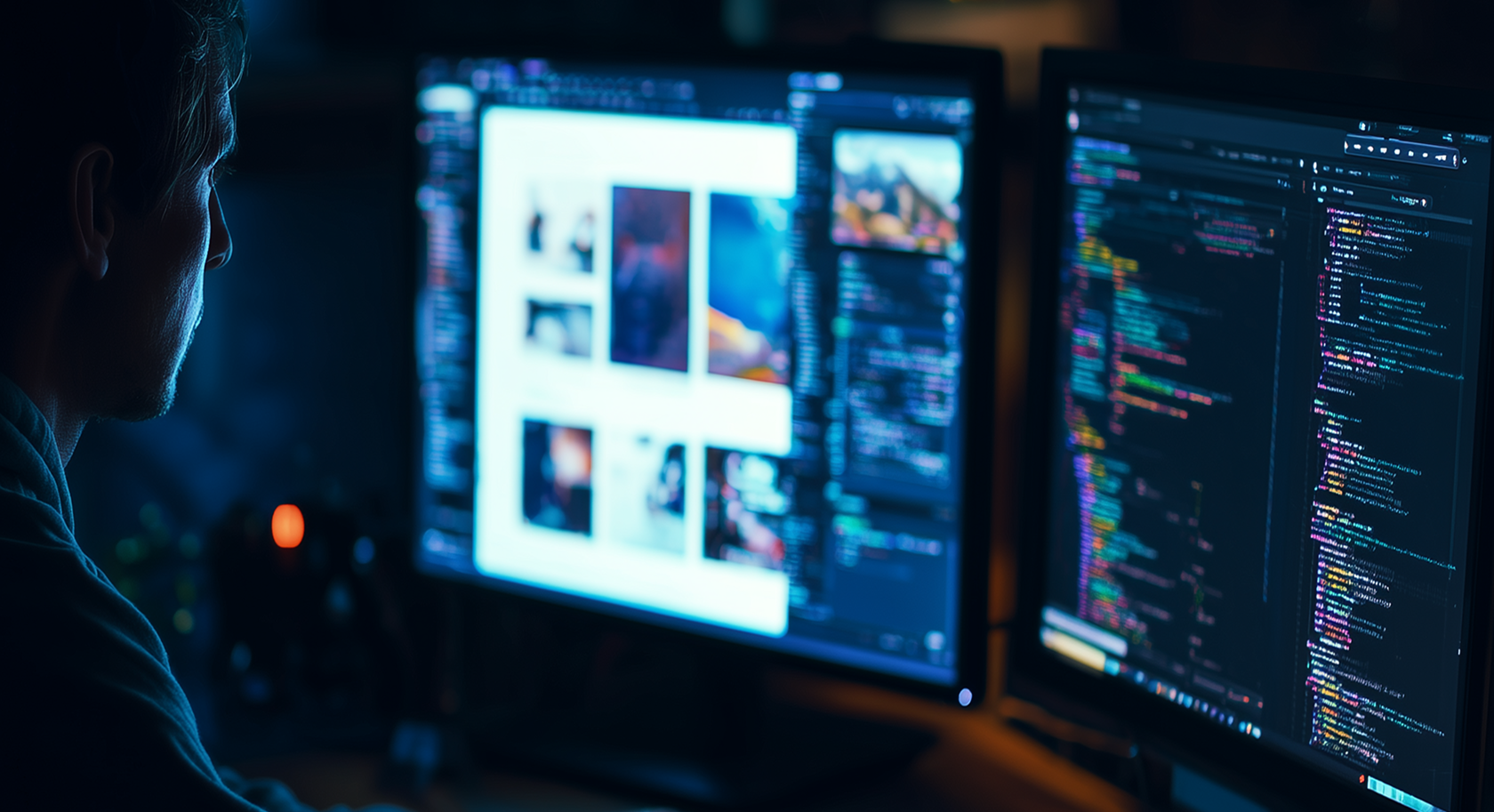 인물이 모니터를 통해 교육을 받는 이미지