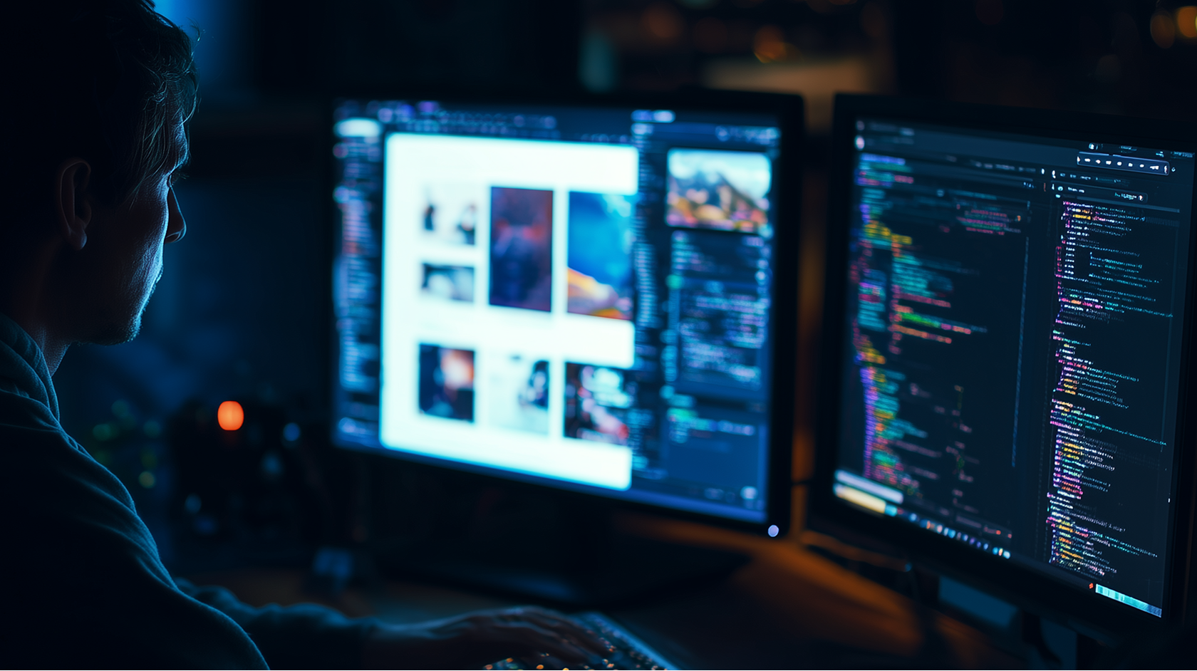 인물이 모니터를 통해 교육을 받는 이미지